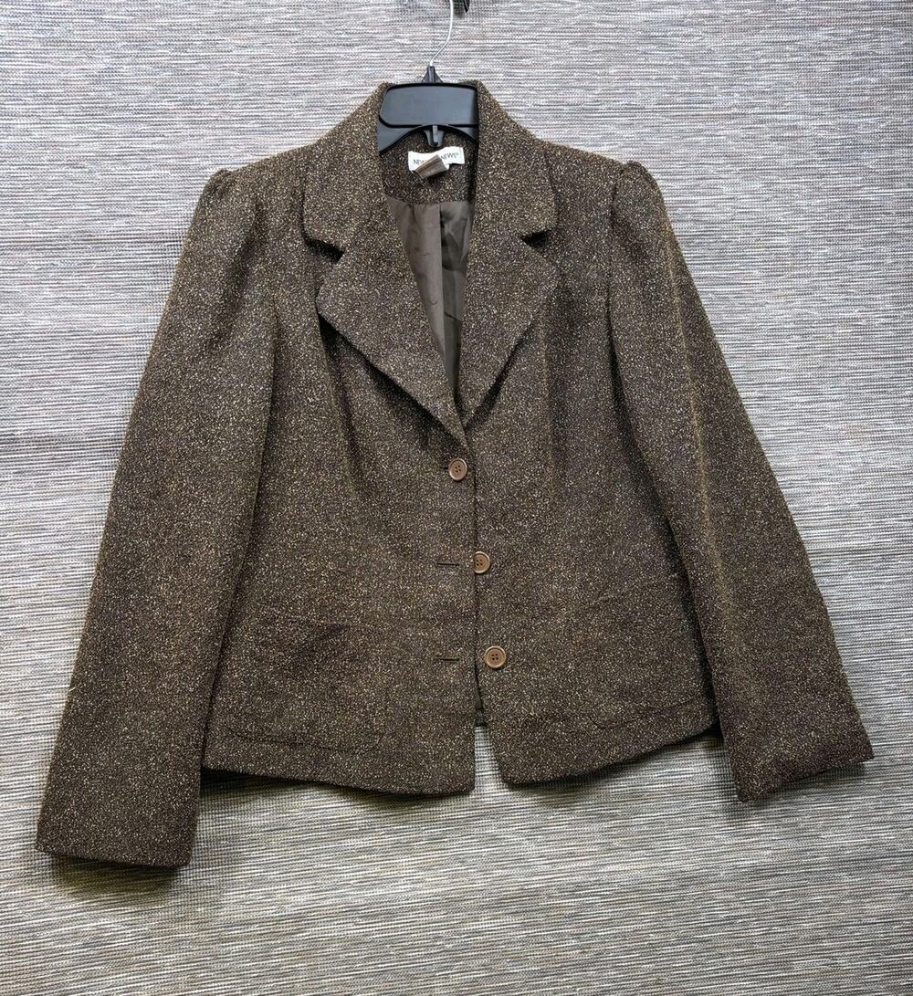 Newport News Blazer Womens size 12 Brown Tweed Lined Career Office Work Jacket